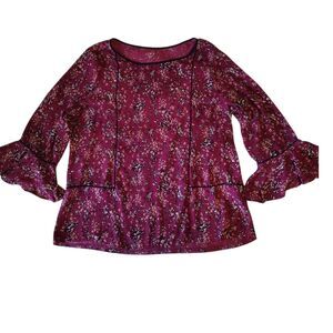 Loft Floral Burgundy Color Tunic Blouse 3/4 Bell Sleeve Round Neckline Size M